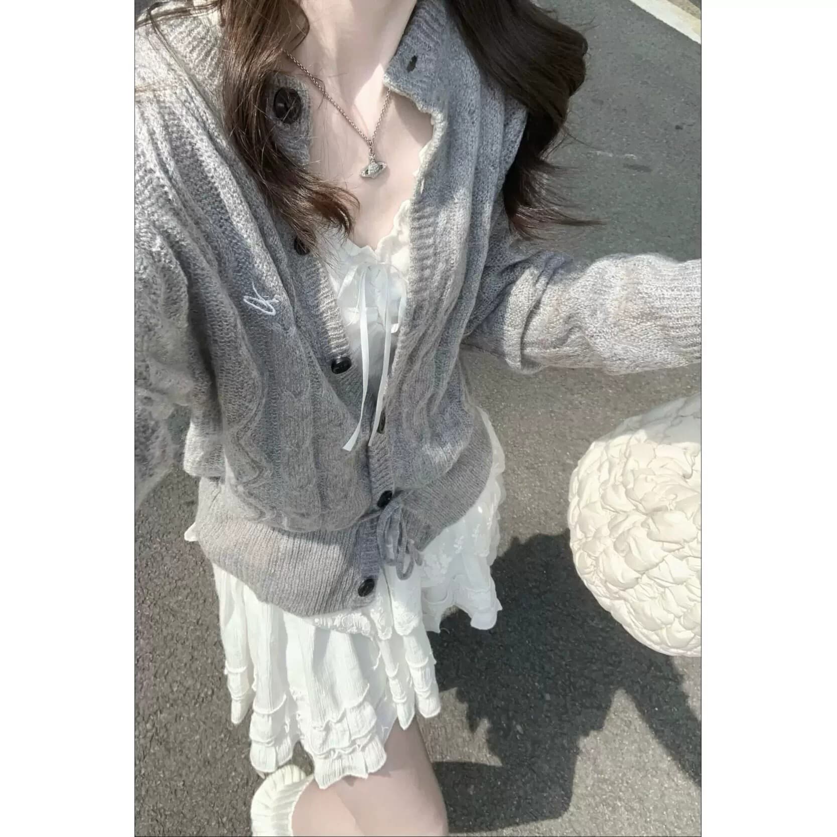 디자인 센스 회색 품격 슬림해 보이는 긴팔 루즈핏 펌프 로프 스웨터 오픈 가디건 여성 이른 가을 다용도 캐주얼 chic 맨위 이미지 2