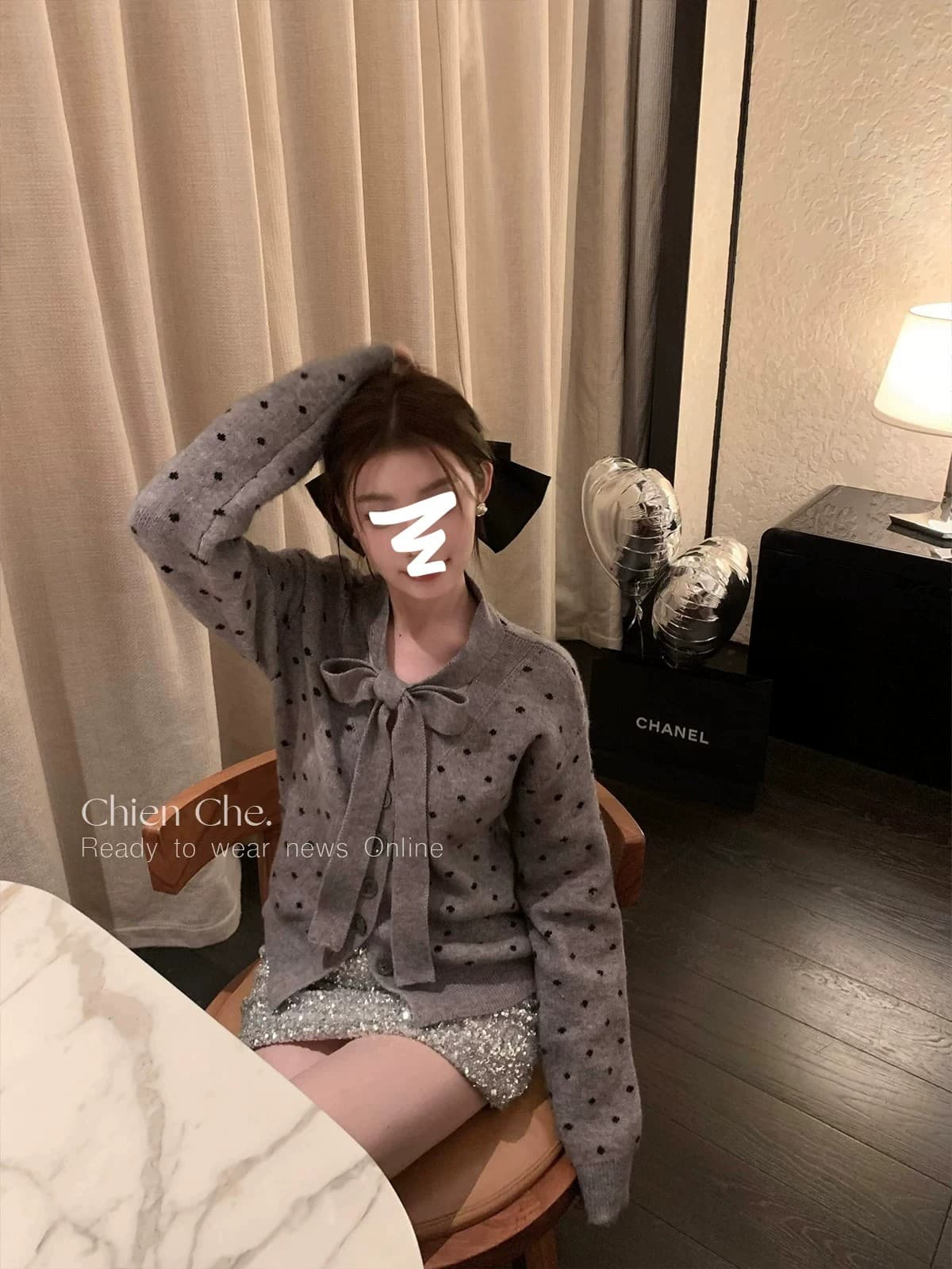회색 도트 무늬 나비 넥타이 니트 오픈 가디건 여성 조기 봄 가을 새로운 디자인 센스 작은 대중 스웨터 코트 맨위 상세 이미지 2