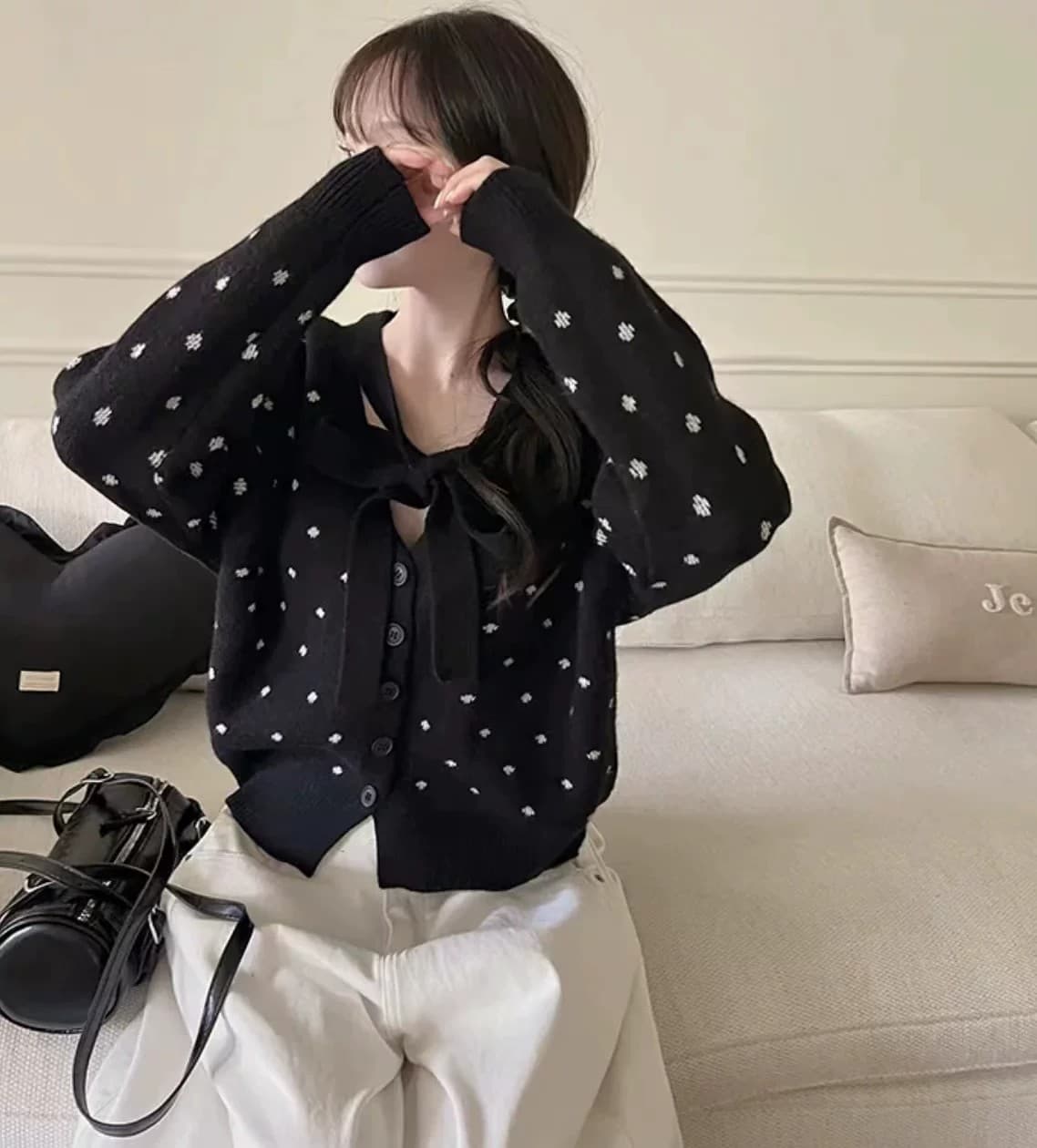 스웨터 여자 한국 스타일 chic 작은 대중 디자인 센스 천 금빛 바람 달콤함 나비 매듭 도트 무늬 니트 오픈 가디건 긴팔 맨위 상세 이미지 4