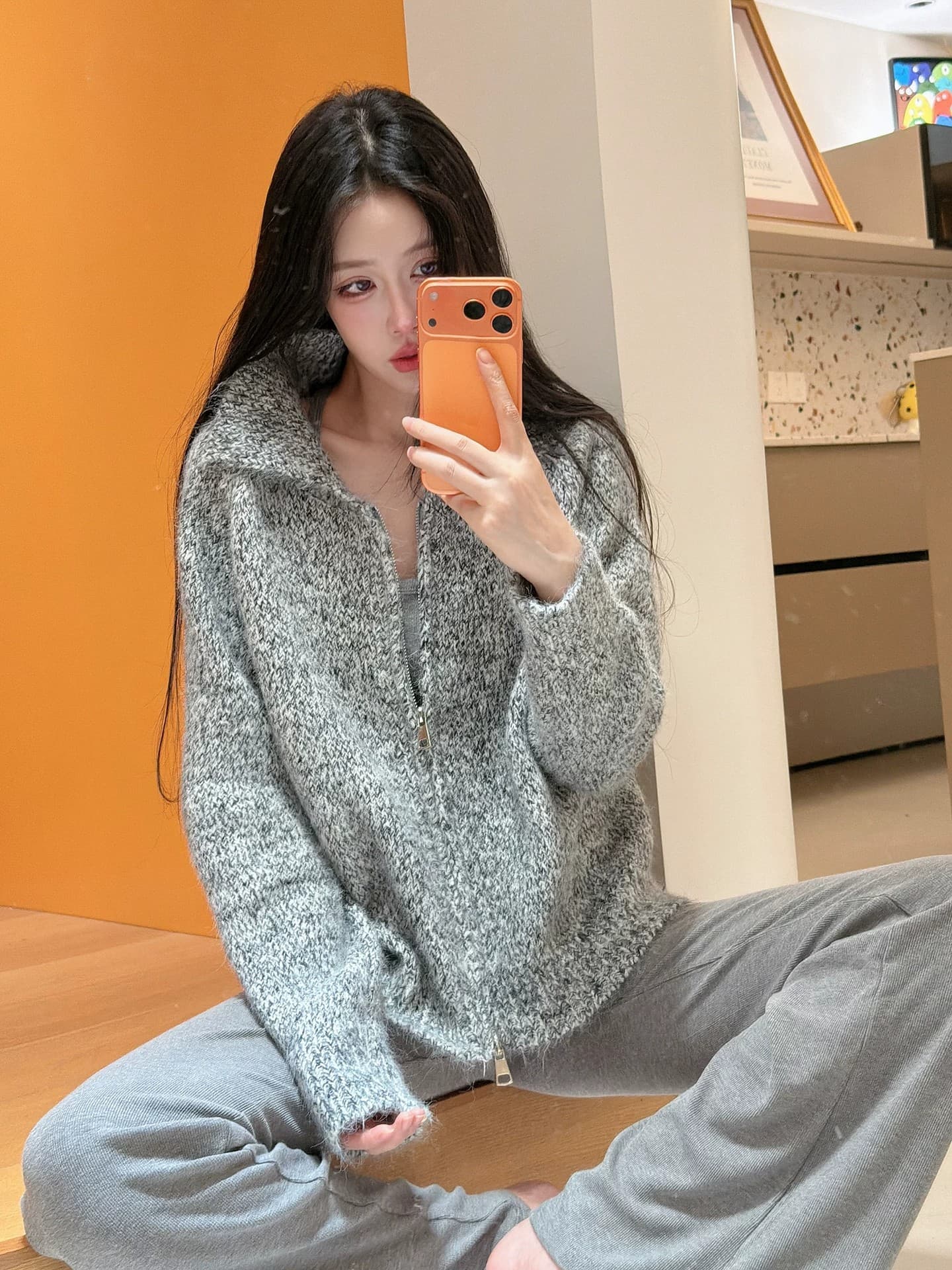 26 가을과 겨울 부드러운 찹쌀 긴 머리 꽃 실 폴로 칼라 스웨터 여성 코트 느긋한 루즈핏 두꺼운 더블 지퍼 니트 오픈 가디건 상세 이미지 5