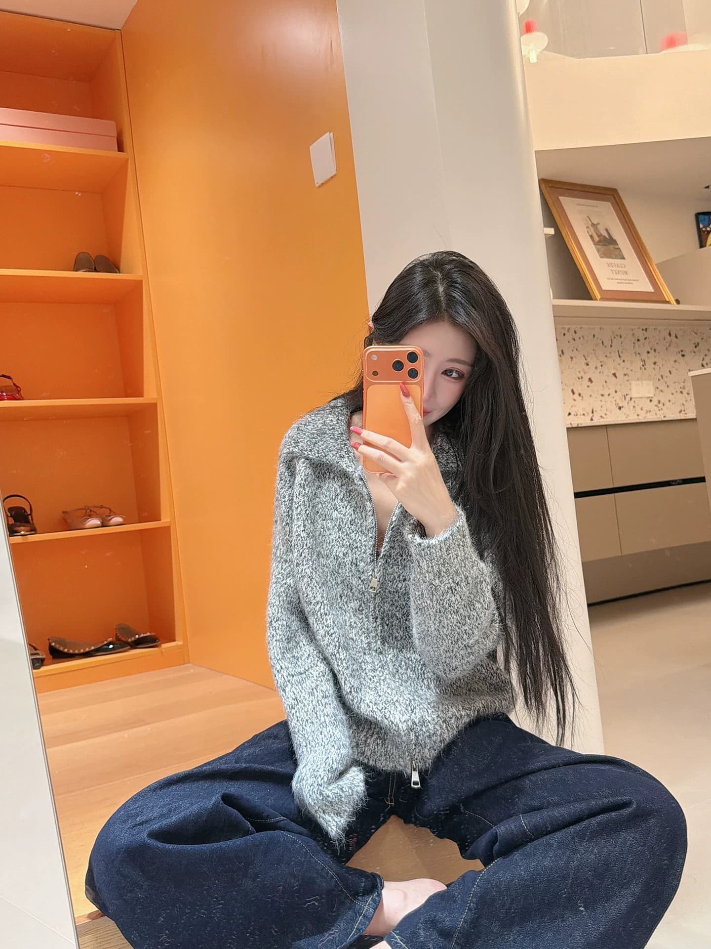 26 가을과 겨울 부드러운 찹쌀 긴 머리 꽃 실 폴로 칼라 스웨터 여성 코트 느긋한 루즈핏 두꺼운 더블 지퍼 니트 오픈 가디건 상세 이미지 12