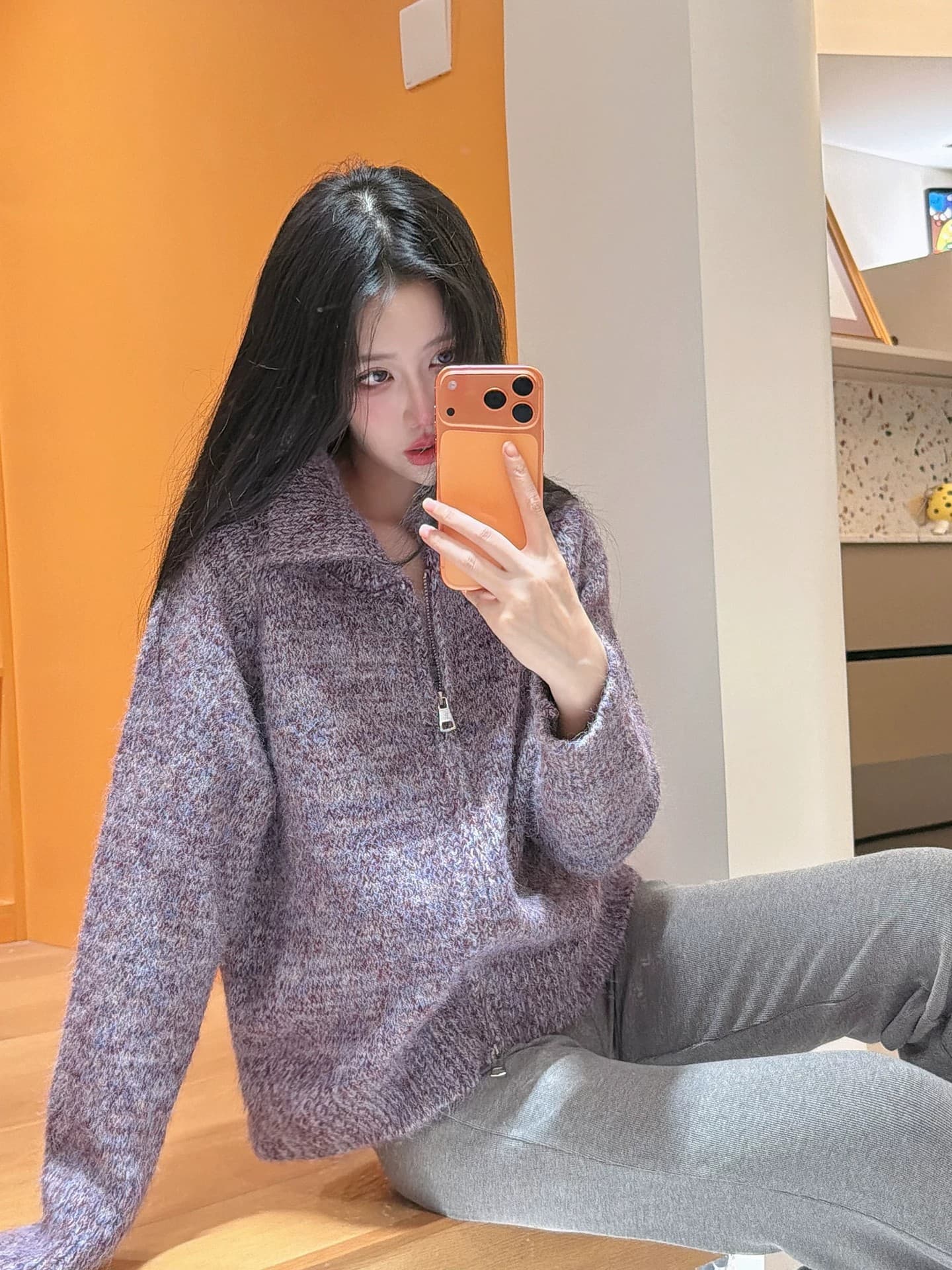 26 가을과 겨울 부드러운 찹쌀 긴 머리 꽃 실 폴로 칼라 스웨터 여성 코트 느긋한 루즈핏 두꺼운 더블 지퍼 니트 오픈 가디건 상세 이미지 36