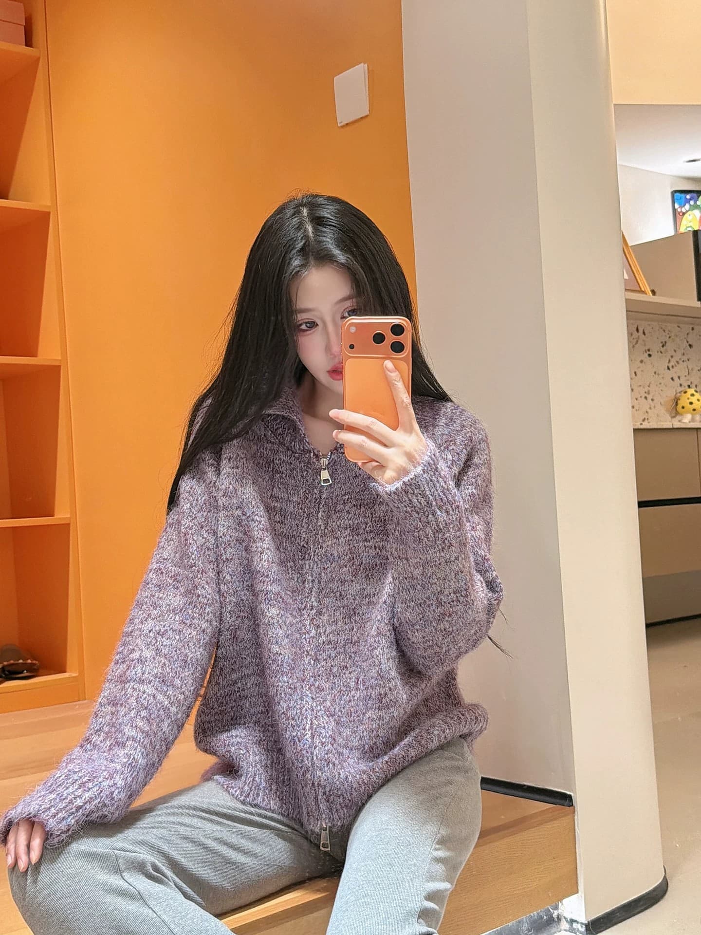 26 가을과 겨울 부드러운 찹쌀 긴 머리 꽃 실 폴로 칼라 스웨터 여성 코트 느긋한 루즈핏 두꺼운 더블 지퍼 니트 오픈 가디건 상세 이미지 37