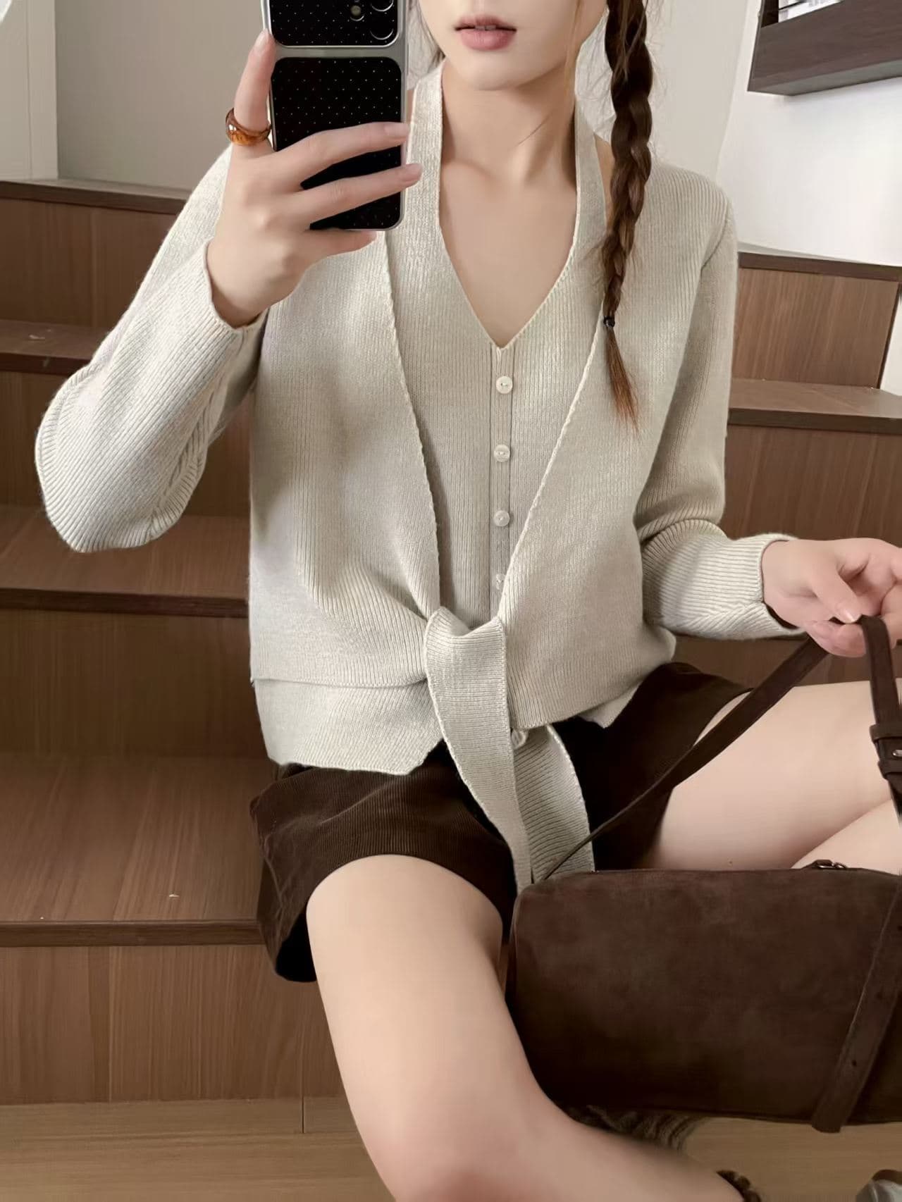 봄 디자인 센스 작은 대중 캐미솔 페이크 레이어드 긴팔 니트 스웨터 맨위 여성 작은 키 상세 이미지 4