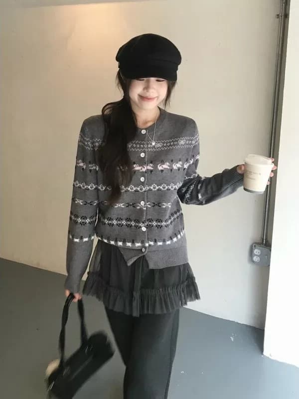 부드러운 바람 부드러운 찹쌀 공정한 섬 자카드 니트 오픈 가디건 여성 레트로 라운드 넥 스웨터 코트 다용도 고급 센스 맨위 이미지 2
