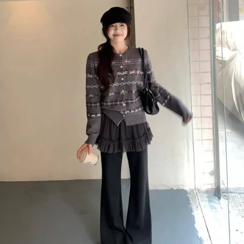 부드러운 바람 부드러운 찹쌀 공정한 섬 자카드 니트 오픈 가디건 여성 레트로 라운드 넥 스웨터 코트 다용도 고급 센스 맨위 이미지 5