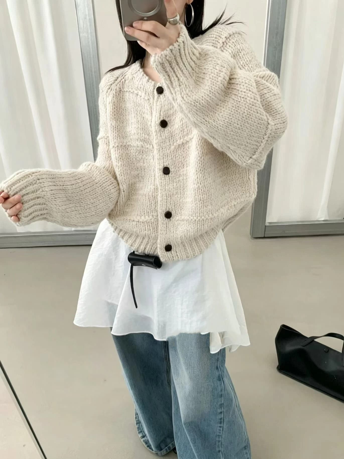 한 부서 느긋한 바람 V넥 두꺼운 바늘 니트 오픈 가디건 여성 루즈핏 슬림해 보이는 벌룬 소매 스웨터 코트 다용도 고급 센스 이미지 5