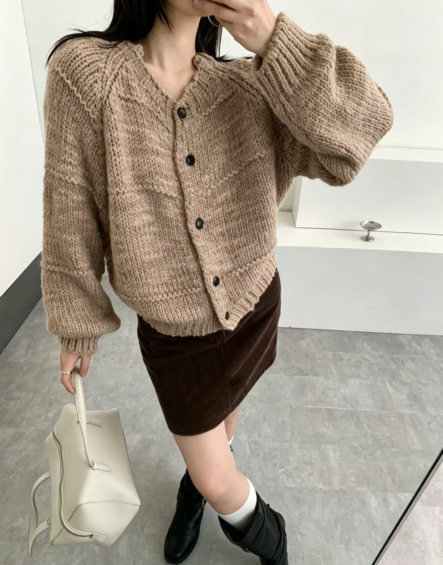 한 부서 느긋한 바람 V넥 두꺼운 바늘 니트 오픈 가디건 여성 루즈핏 슬림해 보이는 벌룬 소매 스웨터 코트 다용도 고급 센스 상세 이미지 5