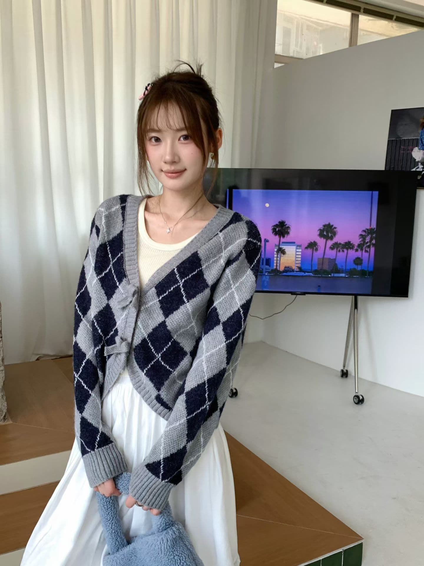 스웨터 여성 코트 가을 겨울 작은 키 레트로 느긋한 바람 링 그리드 모헤어 니트 오픈 가디건 쇼트 스타일 외출용 맨위 이미지 3