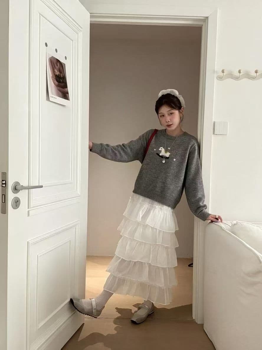 한 부서 캐주얼 달콤함 귀여운 바람 카드 무거운 작업 작은 말 자수 라운드 넥 니트 스웨터 여성 풀오버 다용도 슬림해 보이는 스웨터 상세 이미지 3