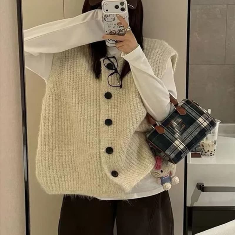 빅 사이즈 싱글 줄 버튼 니트 오픈 가디건 가을 느긋한 패션 트렌드 다용도 작은 대중 스택 착용 라운드 넥 민소매 베스트 맨위 이미지 5