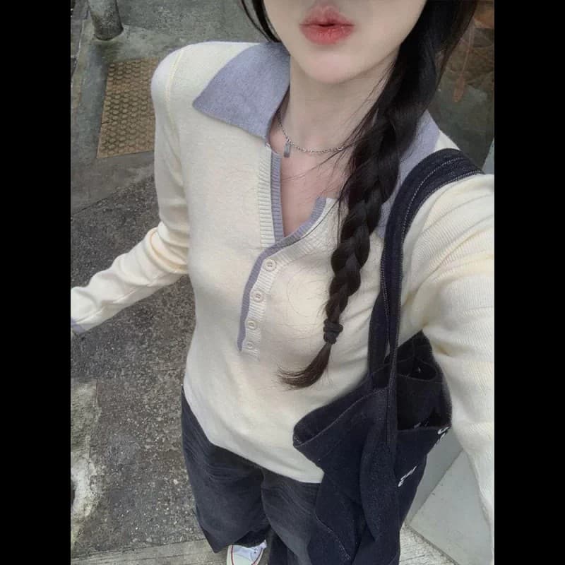 한 부서 POLO 칼라 배색 페이크 레이어드 니트 스웨터 가을 겨울 새로운 여성 몸매 가꾸기 슬림해 보이는 단추 스웨터 만나는 맨위 상세 이미지 3