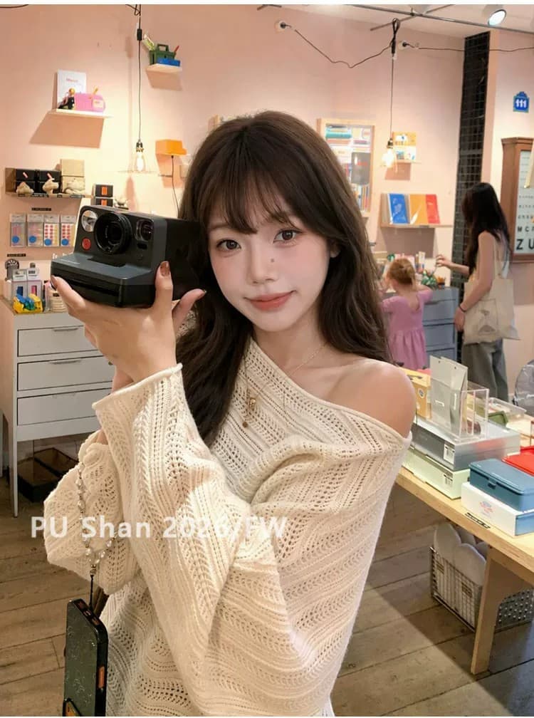 이른 가을 복잡한 고대 돈 바람 비스듬한 어깨 질감 센스 긴팔 니트 스웨터 느슨함 센스 슬림해 보이는 블라우스 스웨터 상세 이미지 4