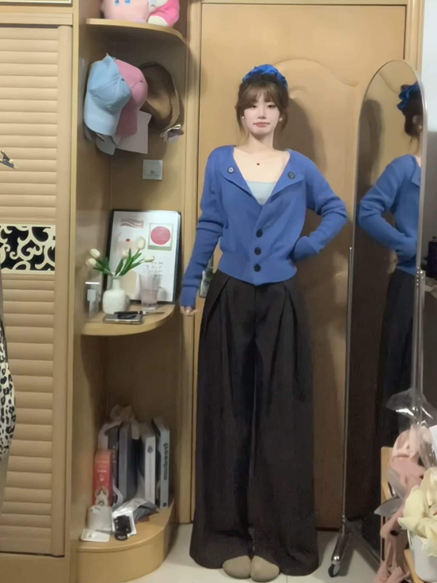 한 부서 느긋한 오픈 가디건 허리 수축 스웨터 코트 인사이드 가져 가라. 스트라이프 캐미솔 투피스 세트 디자인 센스 작은 대중 맨위 이미지 3