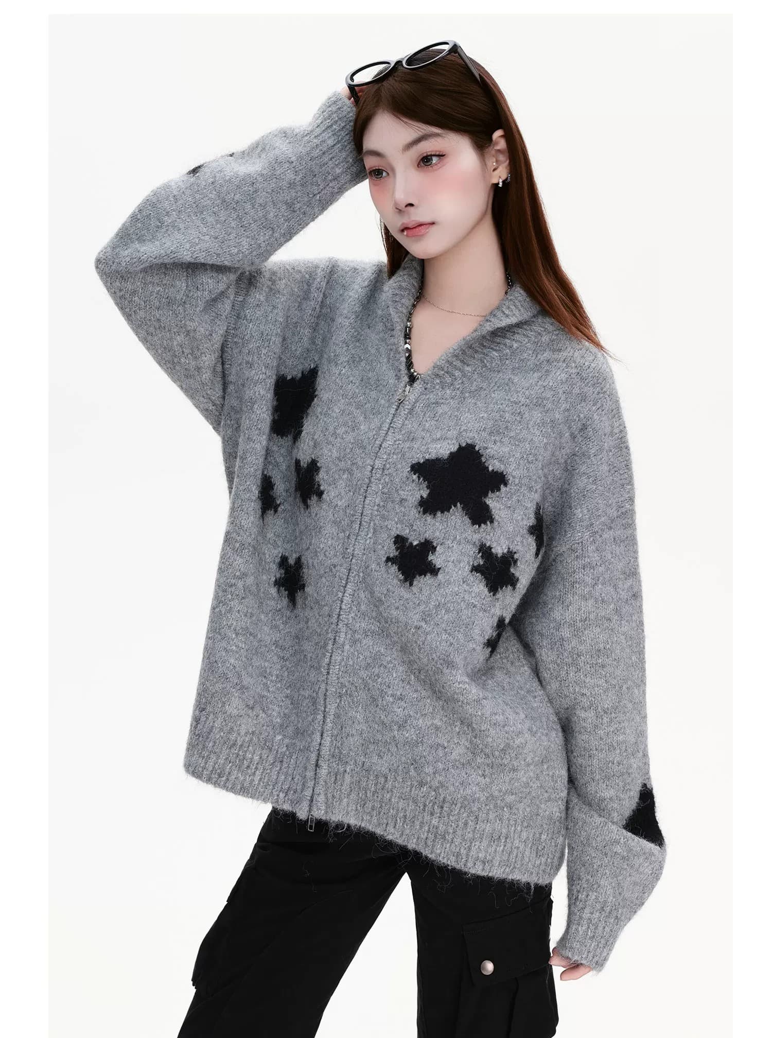 아메리칸 거리 별 자카드 니트 오픈 가디건 여성 달콤한 차가운 바람 느긋한 지퍼 폴로 칼라 스웨터 커플 재킷 상세 이미지 5