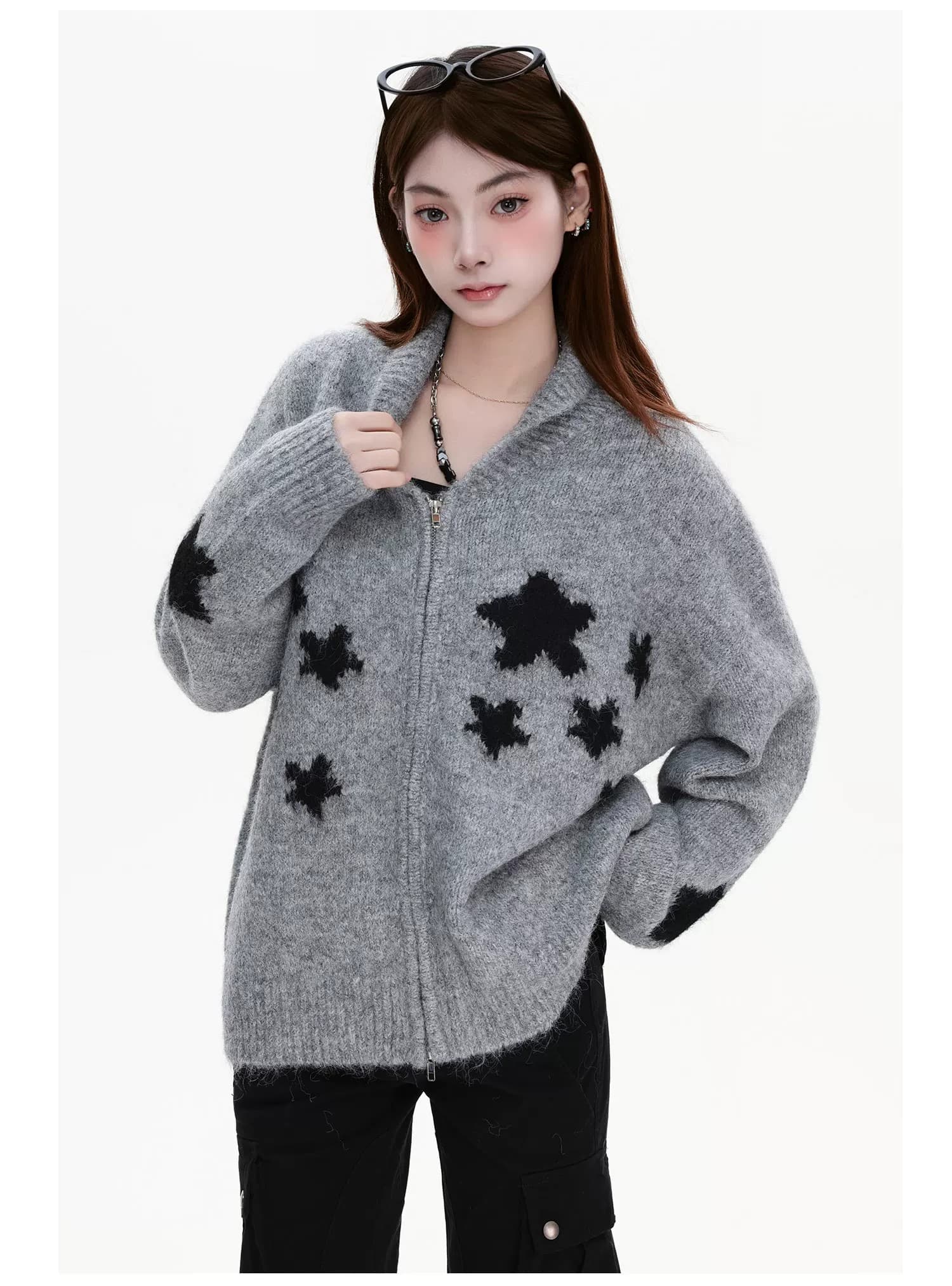 아메리칸 거리 별 자카드 니트 오픈 가디건 여성 달콤한 차가운 바람 느긋한 지퍼 폴로 칼라 스웨터 커플 재킷 상세 이미지 6