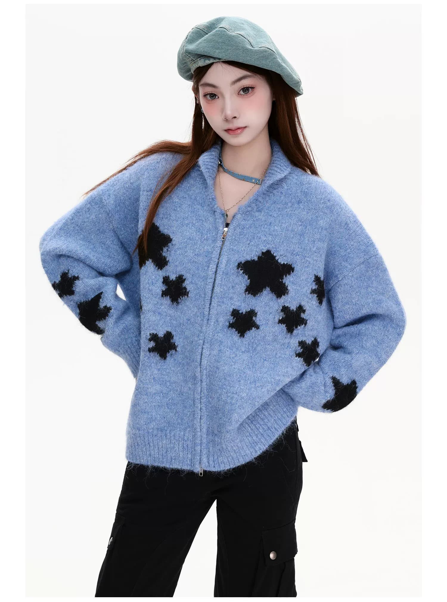 아메리칸 거리 별 자카드 니트 오픈 가디건 여성 달콤한 차가운 바람 느긋한 지퍼 폴로 칼라 스웨터 커플 재킷 상세 이미지 11