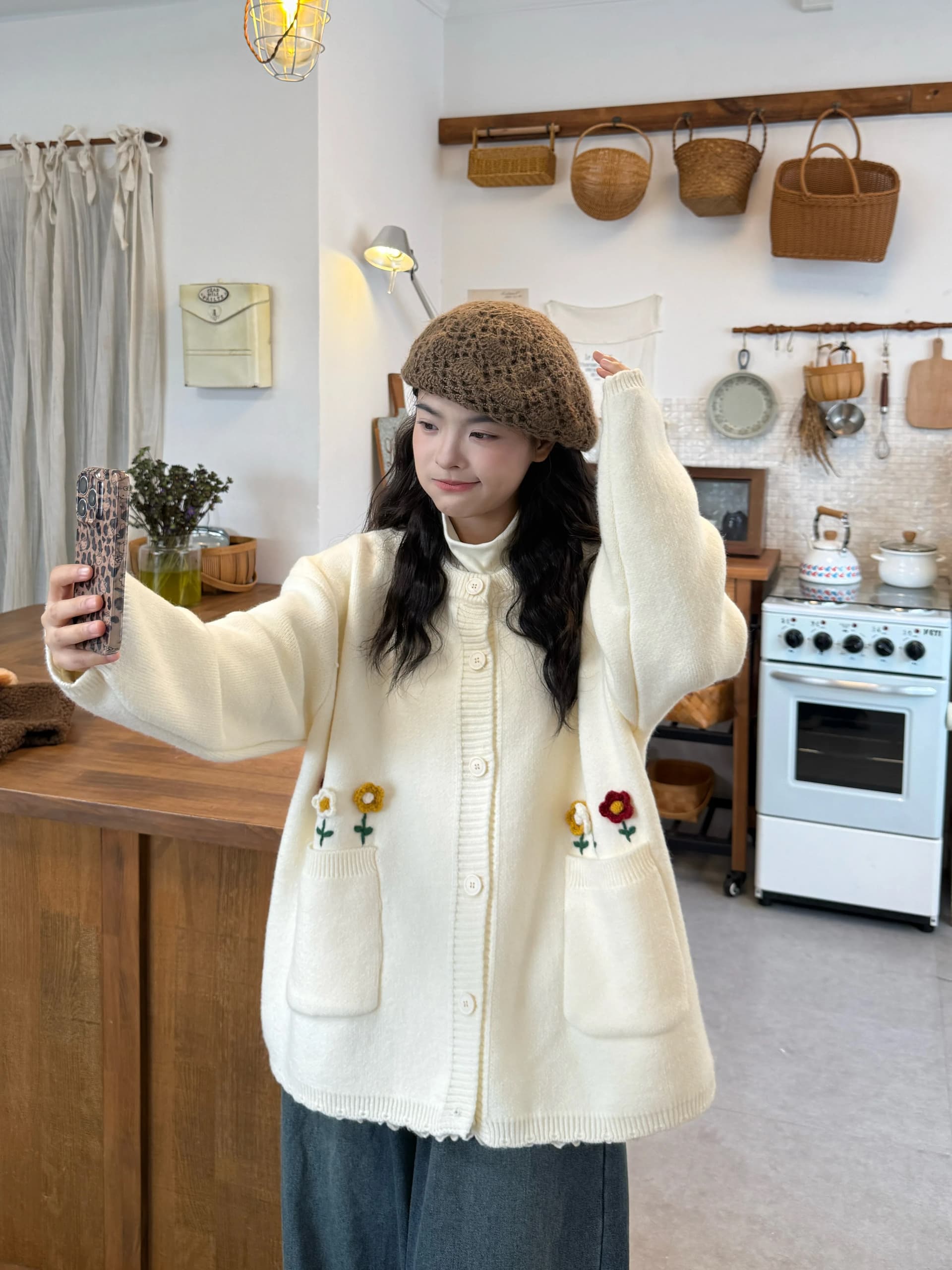 센 부서 달콤함 3 차원 꽃 스웨터 코트 가을 겨울 빅 사이즈 여성 의류 마이크로 지방 mm 루즈핏 느긋한 바람 니트 오픈 가디건 상세 이미지 2