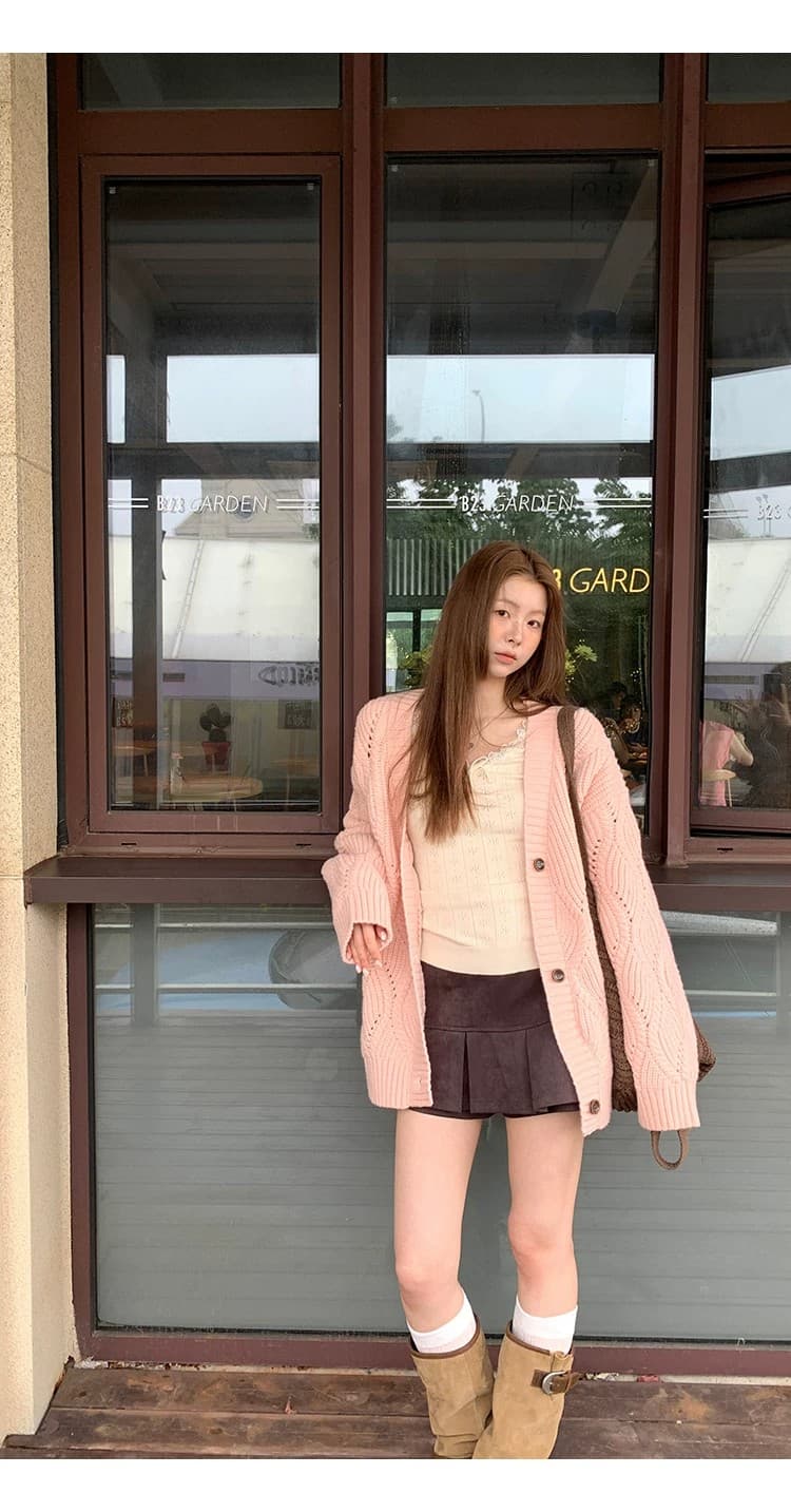 레드 맨 파빌리온 니트 오픈 가디건 여성 한 부서 가을 착용 잡아라. 의류 외부 가져 가라. 분위기 센스 핑크색 느긋한 바람 스웨터 코트 상세 이미지 13