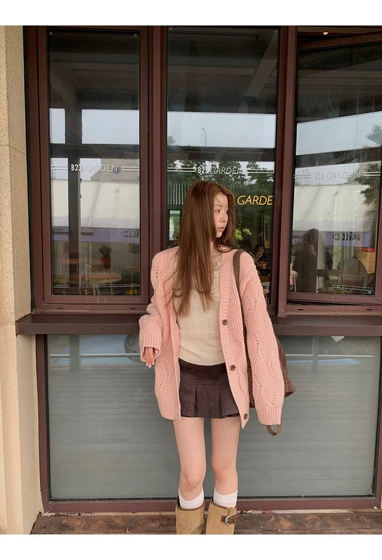 레드 맨 파빌리온 니트 오픈 가디건 여성 한 부서 가을 착용 잡아라. 의류 외부 가져 가라. 분위기 센스 핑크색 느긋한 바람 스웨터 코트 상세 이미지 14