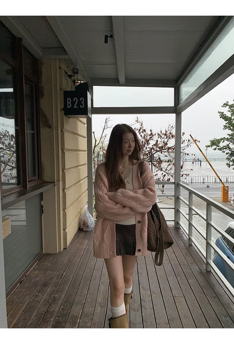 레드 맨 파빌리온 니트 오픈 가디건 여성 한 부서 가을 착용 잡아라. 의류 외부 가져 가라. 분위기 센스 핑크색 느긋한 바람 스웨터 코트 상세 이미지 17