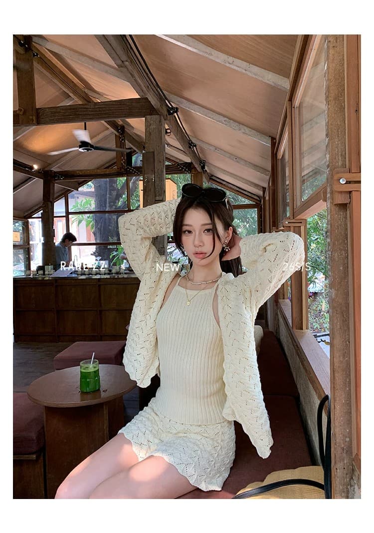프랑스식 느긋한 레트로 무거운 작업 홀로우 아웃 3종 세트 다용도 니트 세트 상세 이미지 14
