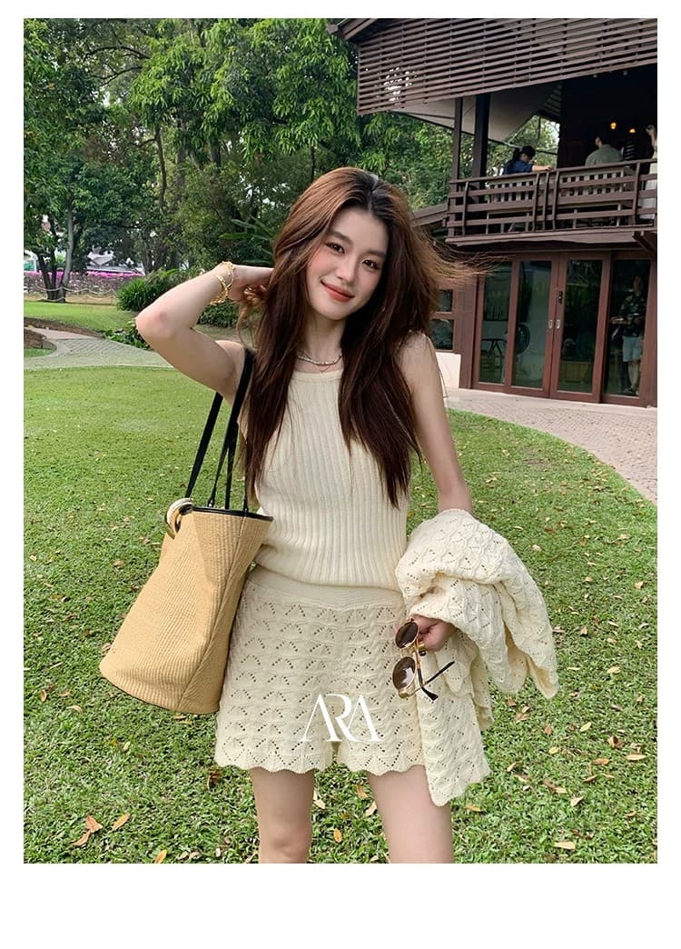 프랑스식 느긋한 레트로 무거운 작업 홀로우 아웃 3종 세트 다용도 니트 세트 상세 이미지 17