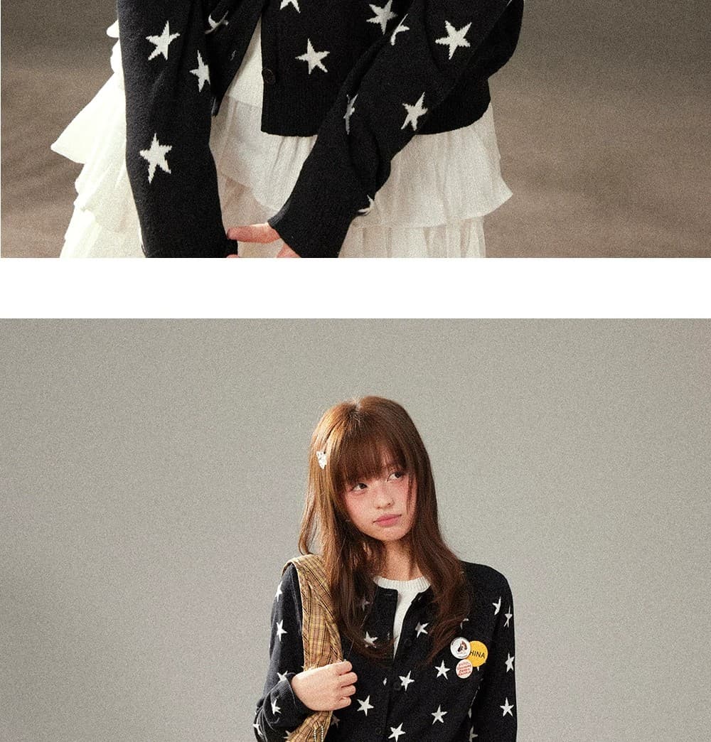 별 자카드 페이크 레이어드 스웨터 니트 오픈 가디건 맨위 느긋한 바람 다용도 니트 스웨터 여성 코트 상세 이미지 4
