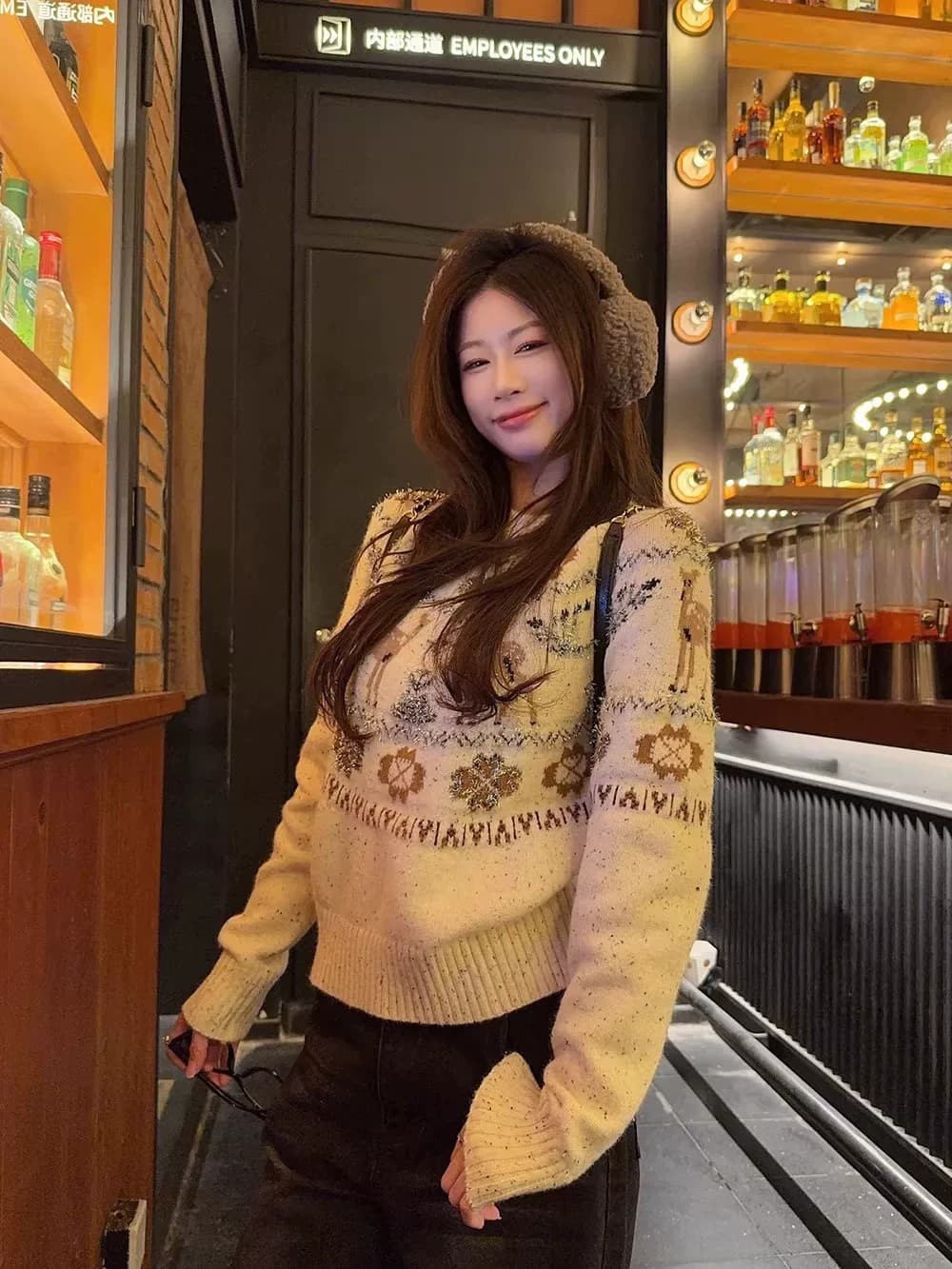 크리스마스 작은 사슴 자카드 좋은 플래시 긴팔 니트 스웨터 연령 감소 풀오버 여성 의류 겨울 두꺼운 느긋한 바람 맨위 상세 이미지 8