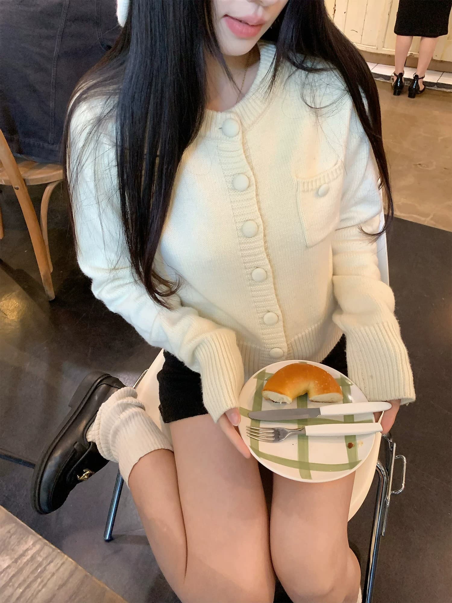 주황색 양모 오픈 가디건 여성 느긋한 센스 라운드 넥 대 단추 긴팔 스웨터 코트 이미지 2