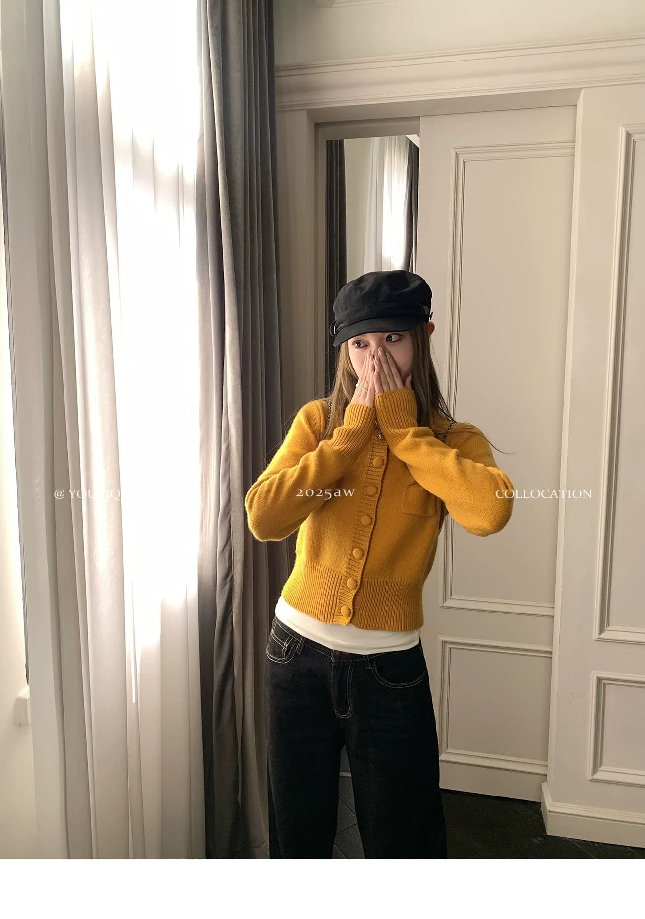 주황색 양모 오픈 가디건 여성 느긋한 센스 라운드 넥 대 단추 긴팔 스웨터 코트 상세 이미지 5