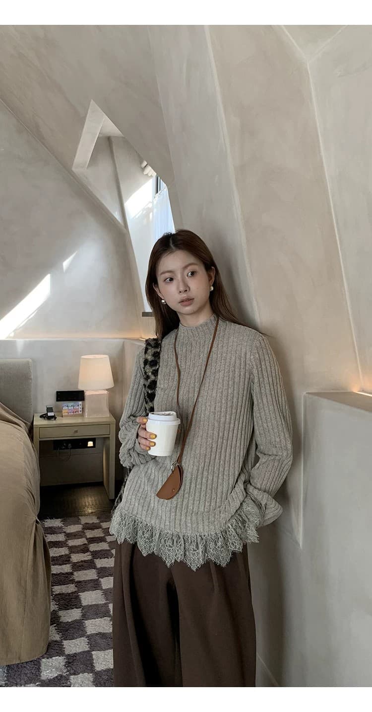 인사이드 가져 가라. 기본 셔츠 여성 2026 새로운 긴팔 티셔츠 반하이넥 한 부서 느긋한 레이스 니트 맨위 상세 이미지 3