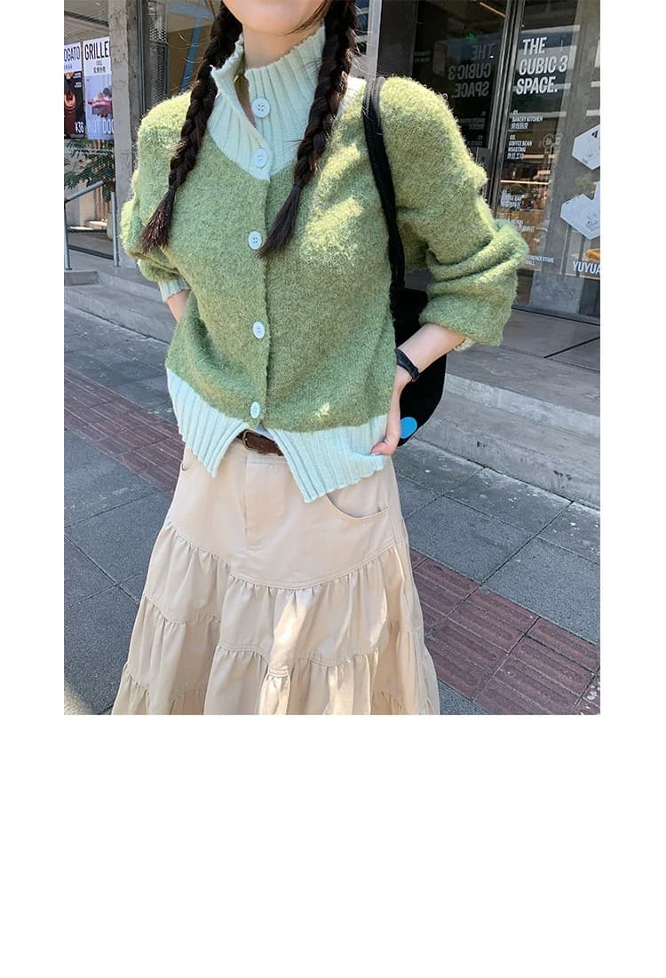 센 부서 소녀 패치워크 색상 스웨터 2026 레트로 배색 스탠드 칼라 단추 쇼트 스타일 니트 카디건 코트 상세 이미지 4