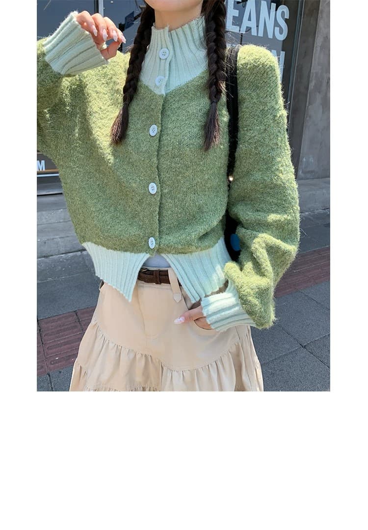 센 부서 소녀 패치워크 색상 스웨터 2026 레트로 배색 스탠드 칼라 단추 쇼트 스타일 니트 카디건 코트 상세 이미지 11