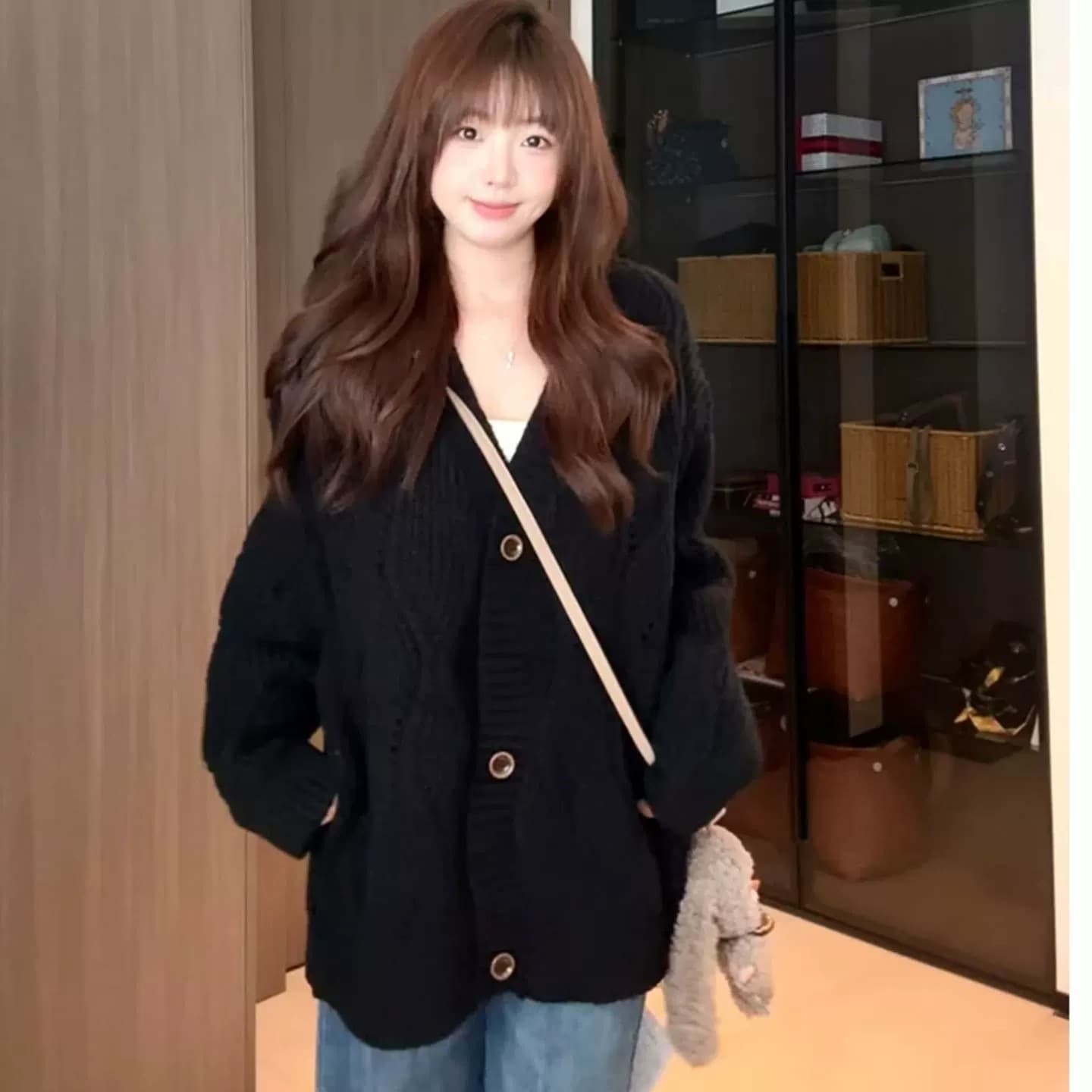 한 부서 착용 가져 가라. 홀로우 아웃 니트 오픈 가디건 여성 가을 겨울철 두꺼운 보온 루즈핏 슬림해 보이는 스웨터 코트 다용도 맨위 상세 이미지 2