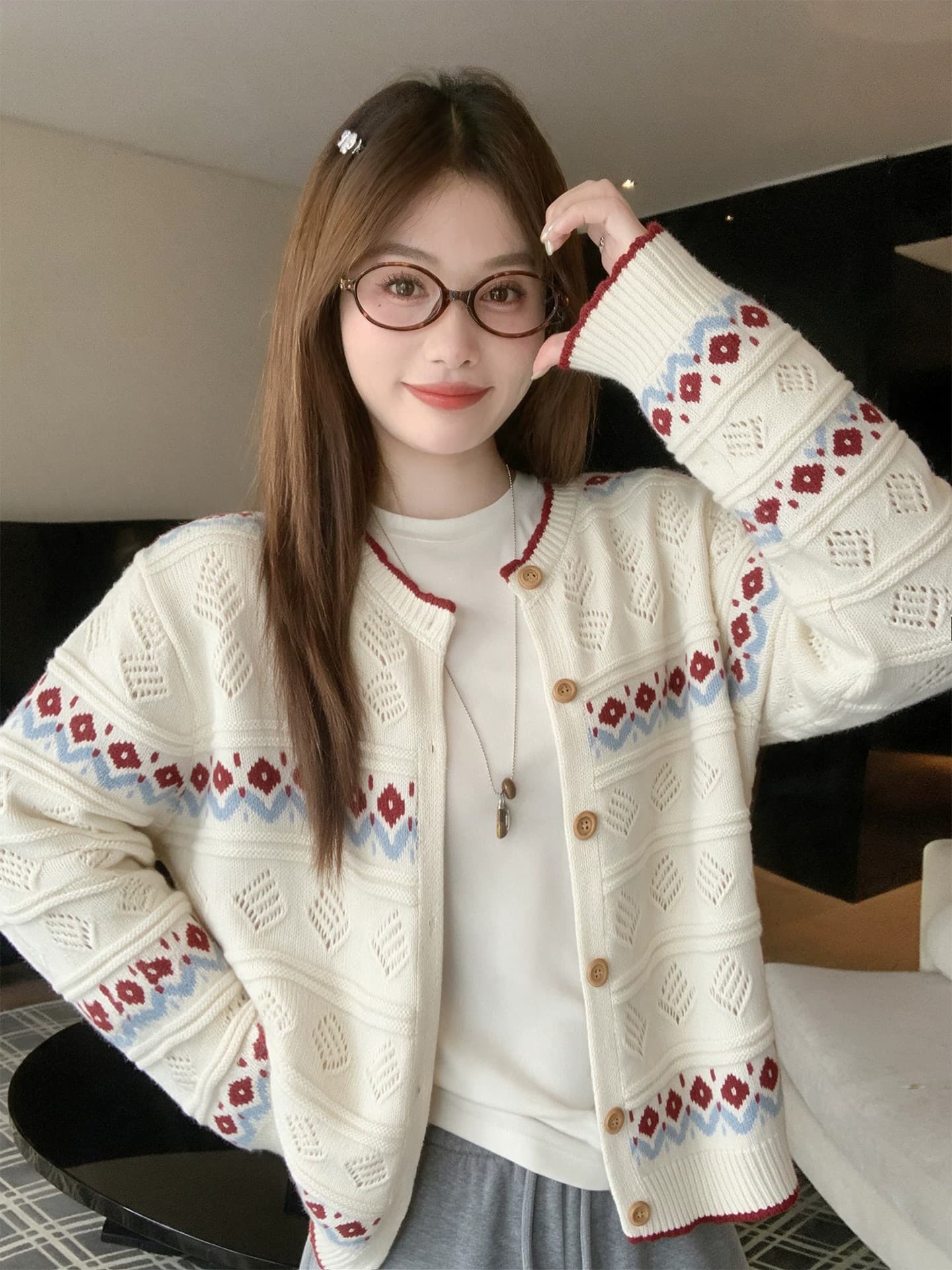 한 번 작은 짭짤한 한 부서 배색 니트 오픈 가디건 여성 가을 루즈핏 슬림해 보이는 라운드 넥 긴팔 짧은 에디션 달콤함 품격 재킷
