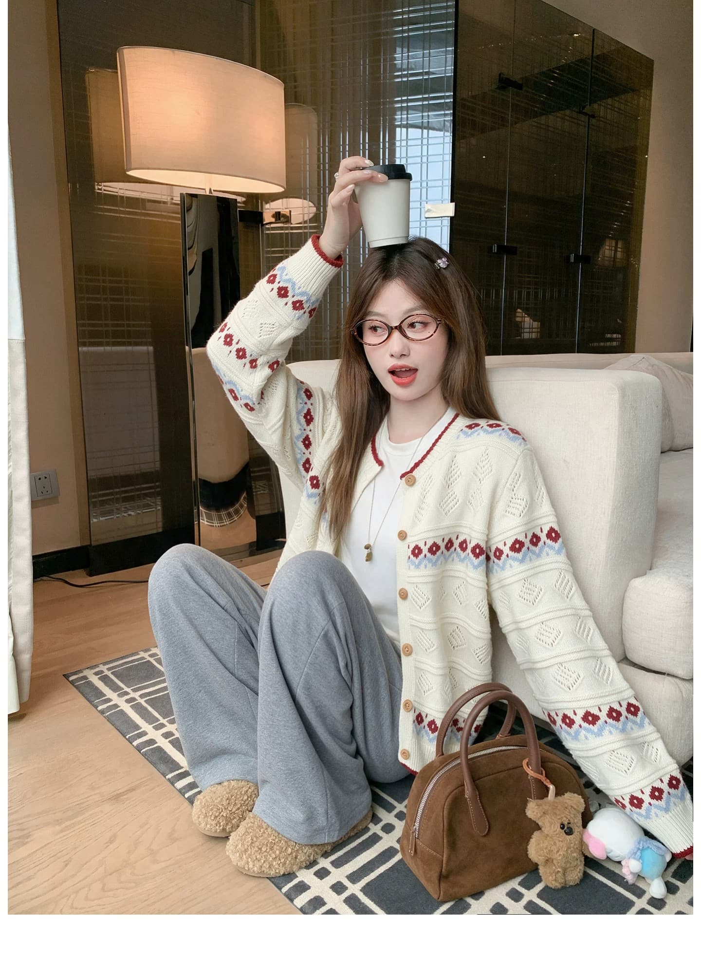 한 번 작은 짭짤한 한 부서 배색 니트 오픈 가디건 여성 가을 루즈핏 슬림해 보이는 라운드 넥 긴팔 짧은 에디션 달콤함 품격 재킷 상세 이미지 3