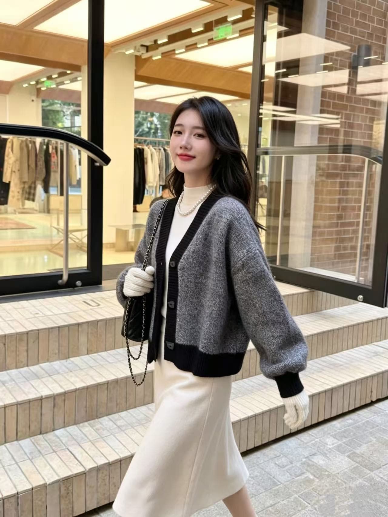 유럽 상품 배색 V넥 너구리 플러시 니트 오픈 가디건 여성 가을 겨울 새로운 루즈핏 느긋한 바람 소뿔 버클 스웨터 코트 이미지 2