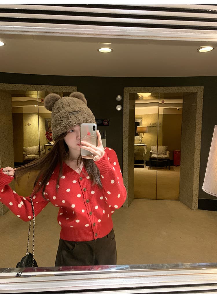 도트 무늬 일기 도트 무늬 V넥 니트 오픈 가디건 슬림해 보이는 여성 가을 짧은 스웨터 상세 이미지 27
