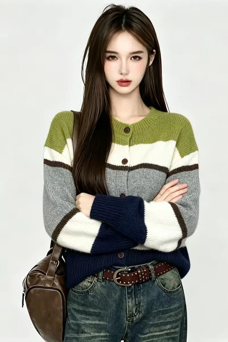 한 부서 배색 스트라이프 스웨터 오픈 가디건 여성 가을 겨울 고유 한 슈퍼 잘 생긴 ux샹 녹색 캐주얼 느긋한 바람 재킷 맨위 이미지 2