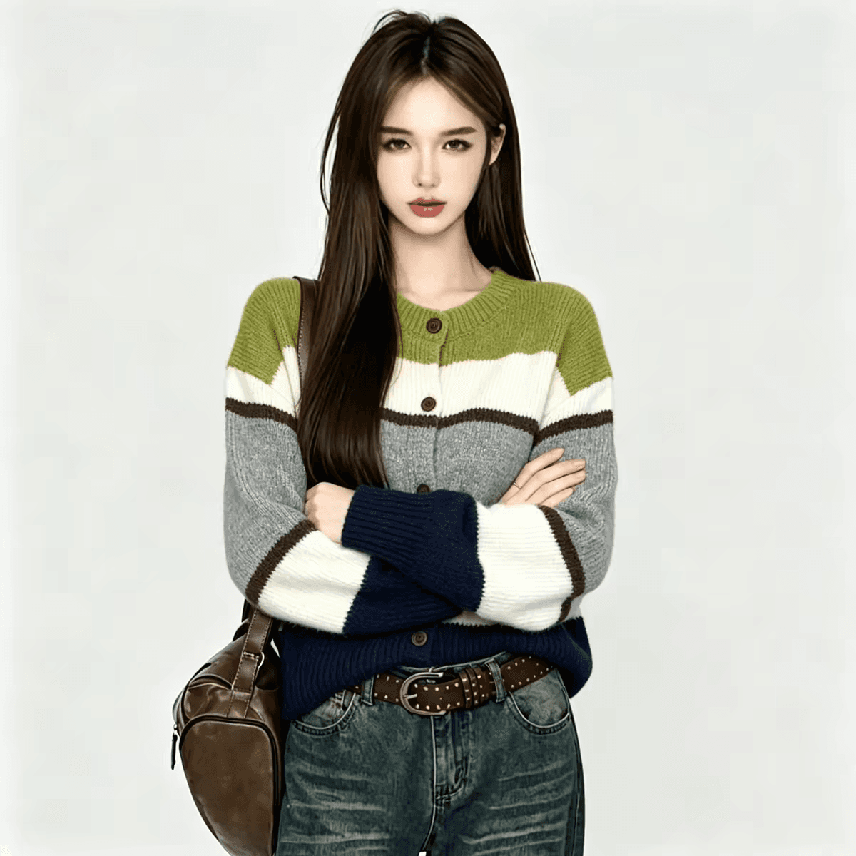 한 부서 배색 스트라이프 스웨터 오픈 가디건 여성 가을 겨울 고유 한 슈퍼 잘 생긴 ux샹 녹색 캐주얼 느긋한 바람 재킷 맨위 상세 이미지 3