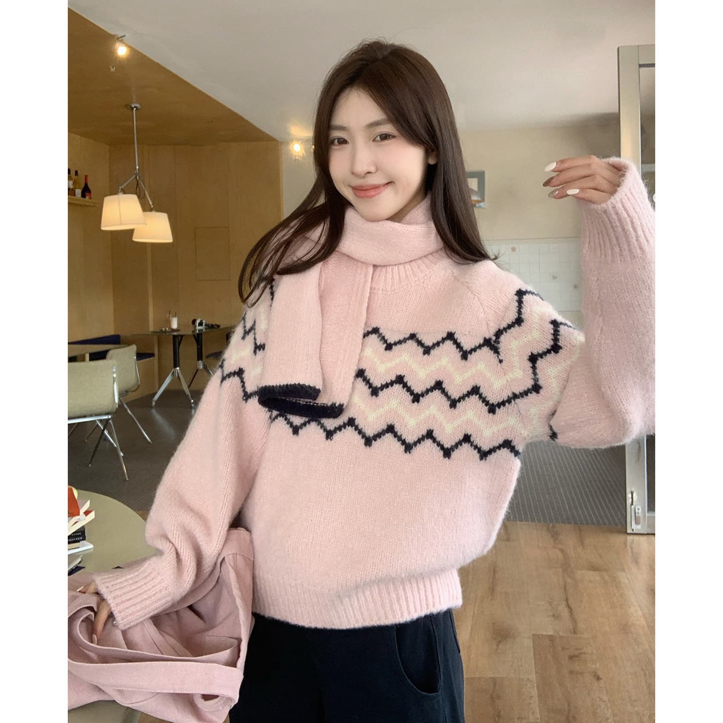 핑크색 공정한 섬 스웨터 여자 겨울 착용 가져 가라. 한 부서 자이언트 잘 생긴 부드러운 찹쌀 니트 맨위 이미지 3