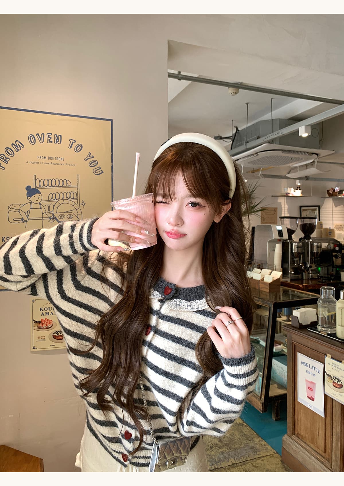 이웃 작은 집 달콤한 자매 한 부서 레이스 레이스 스트라이프 양모 니트 오픈 가디건 여성 상세 이미지 8