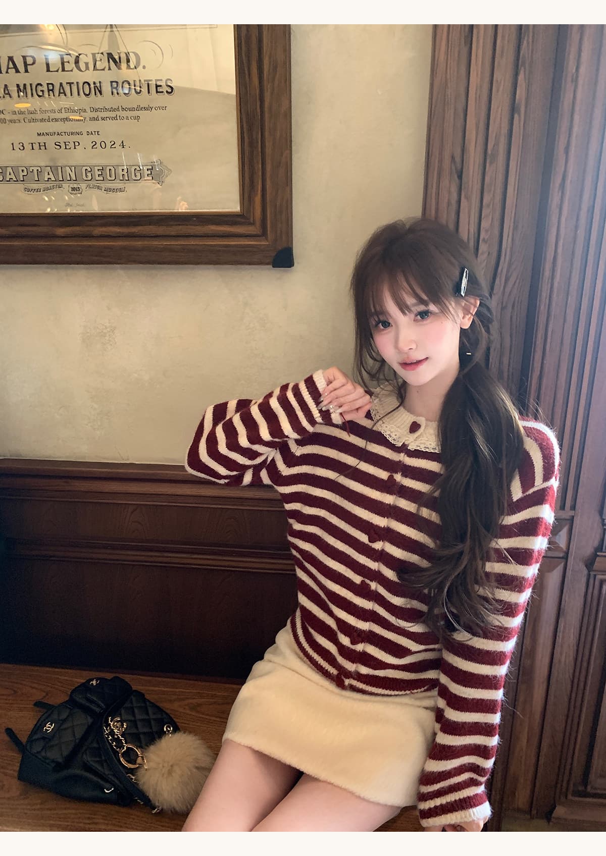 이웃 작은 집 달콤한 자매 한 부서 레이스 레이스 스트라이프 양모 니트 오픈 가디건 여성 상세 이미지 20