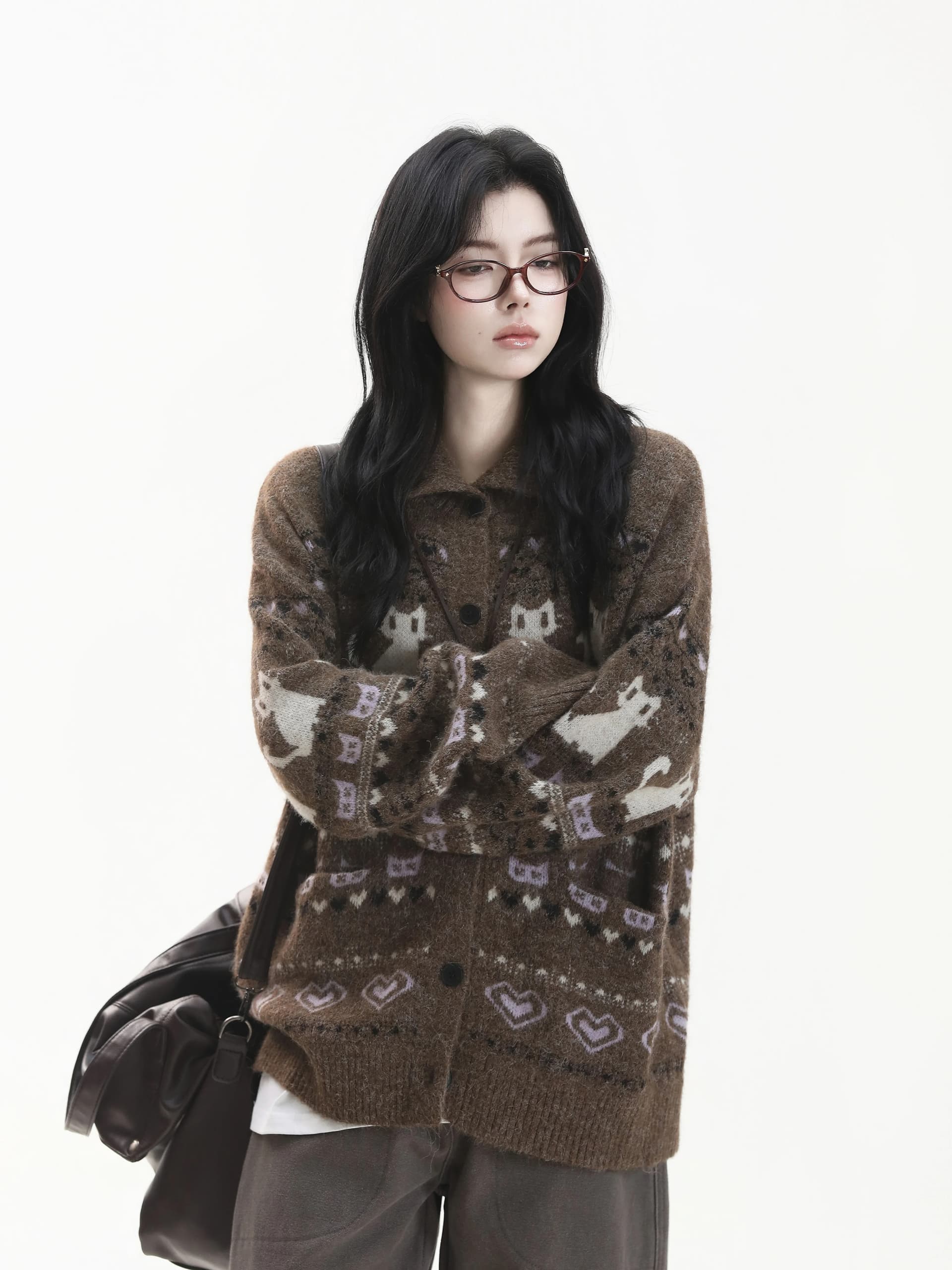 아메리칸 레트로 루즈핏 공정한 섬 니트 스웨터 여자 이른 가을 배색 폴로 칼라 카디건 코트 이미지 3