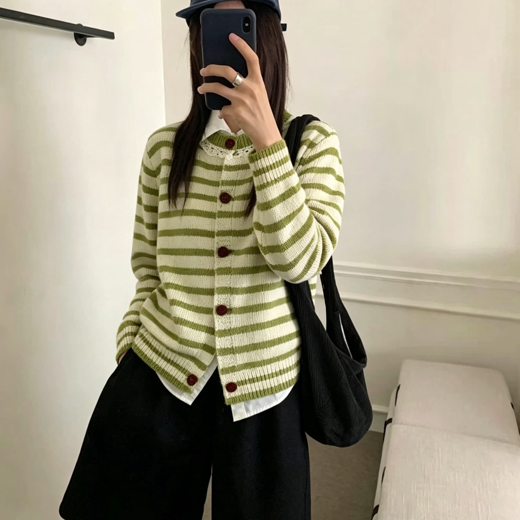 프랑스식 레이스 레이스 칼라 스트라이프 니트 오픈 가디건 레트로 배색 부드러운 찹쌀 쇼트 스타일 다용도 스웨터 코트 여자