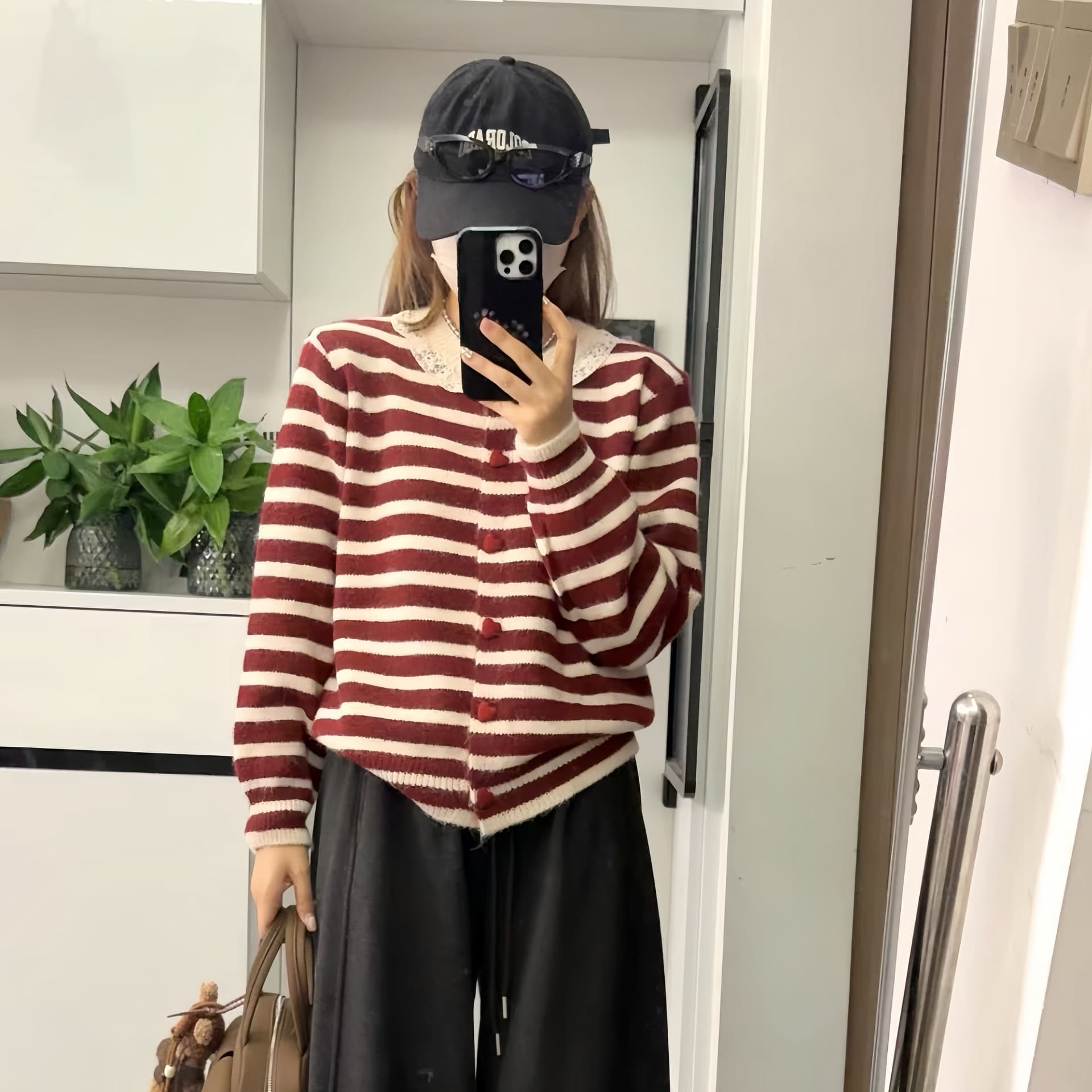프랑스식 레이스 레이스 칼라 스트라이프 니트 오픈 가디건 레트로 배색 부드러운 찹쌀 쇼트 스타일 다용도 스웨터 코트 여자 상세 이미지 4