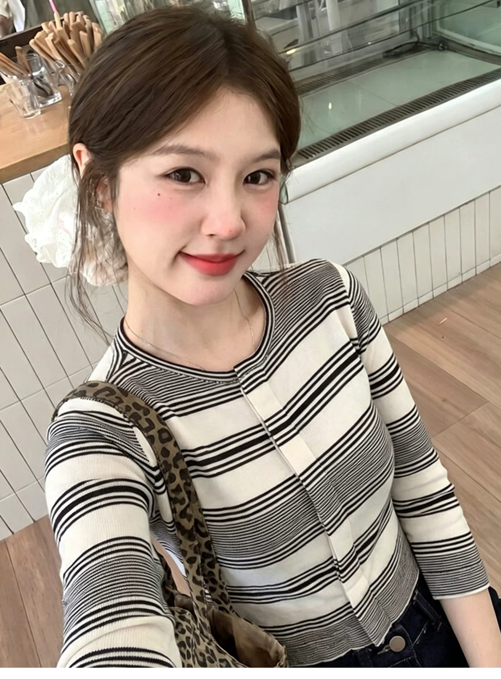 흑백 줄무늬 라운드 넥 긴팔 니트 오픈 가디건 여성 코트 이른 가을 고유 한 아름다운 작은 키 몸매 가꾸기 슬림해 보이는 맨위 이미지 2
