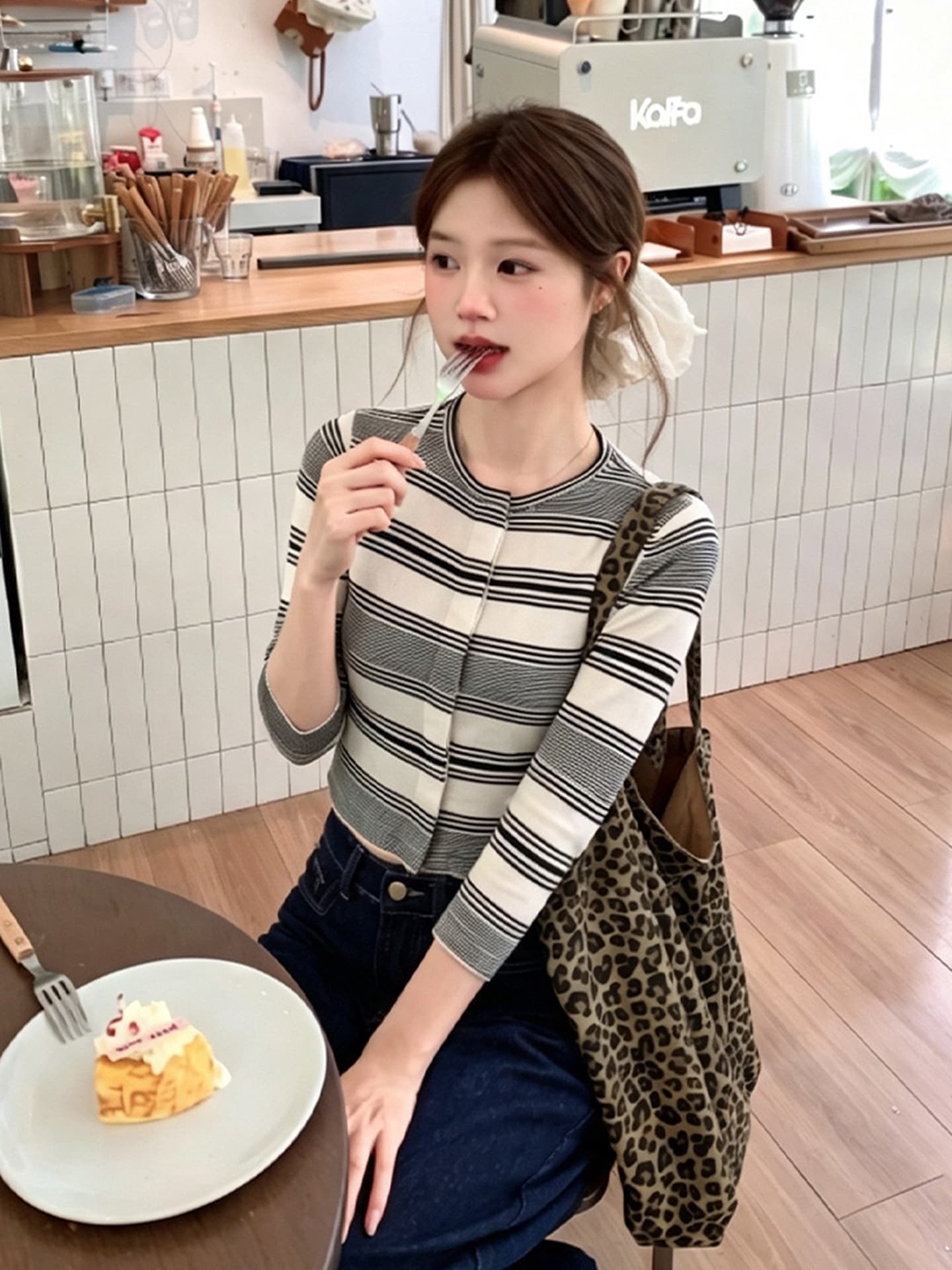 흑백 줄무늬 라운드 넥 긴팔 니트 오픈 가디건 여성 코트 이른 가을 고유 한 아름다운 작은 키 몸매 가꾸기 슬림해 보이는 맨위 이미지 4