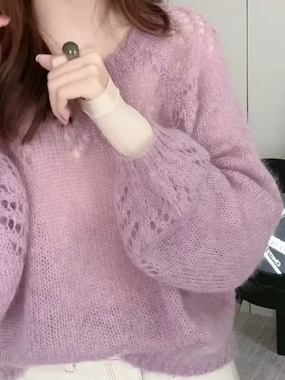 작은 샤넬 스타일 보라색 모헤어 느긋한 바람 풀오버 스웨터 여자 이른 가을 새로운 고급 센스 홀로우 아웃 니트 스웨터 맨위 이미지 4